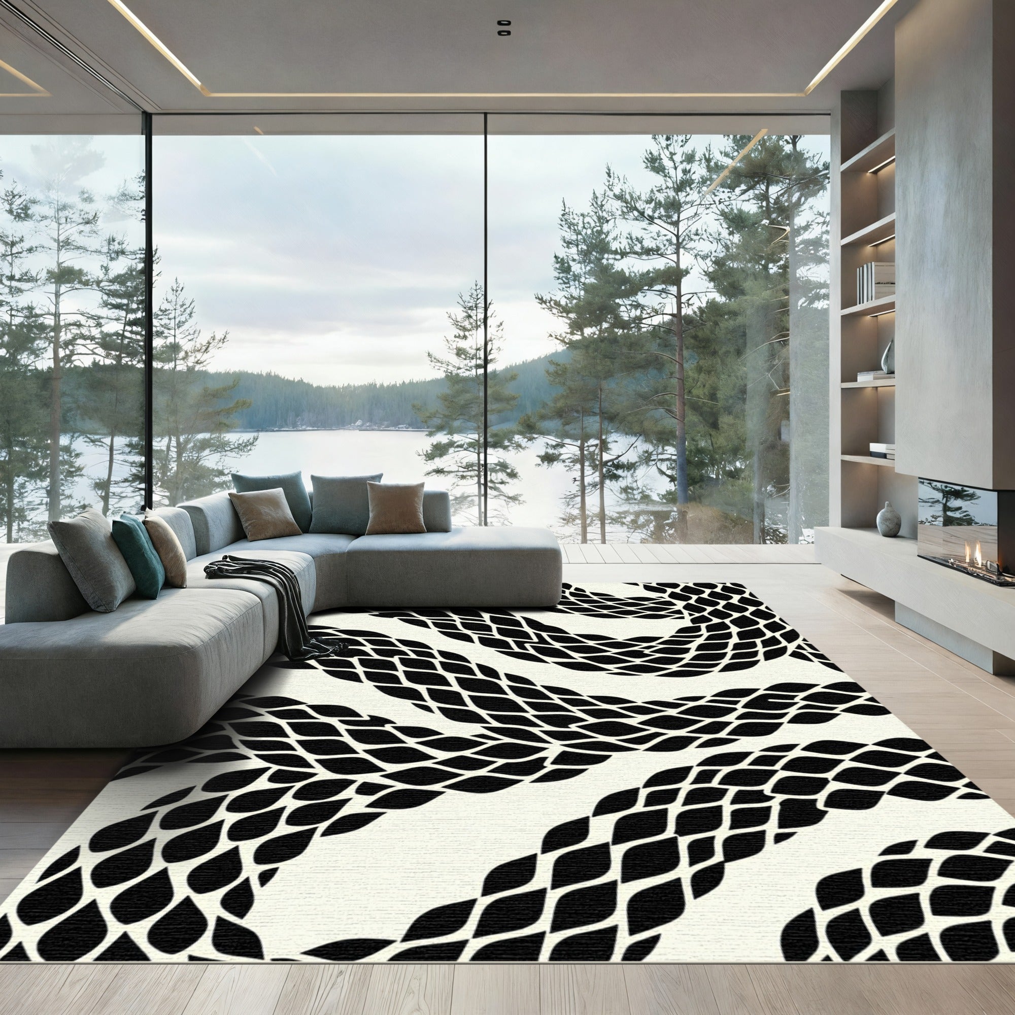 Modern Black Snake Scale Abstract Rug