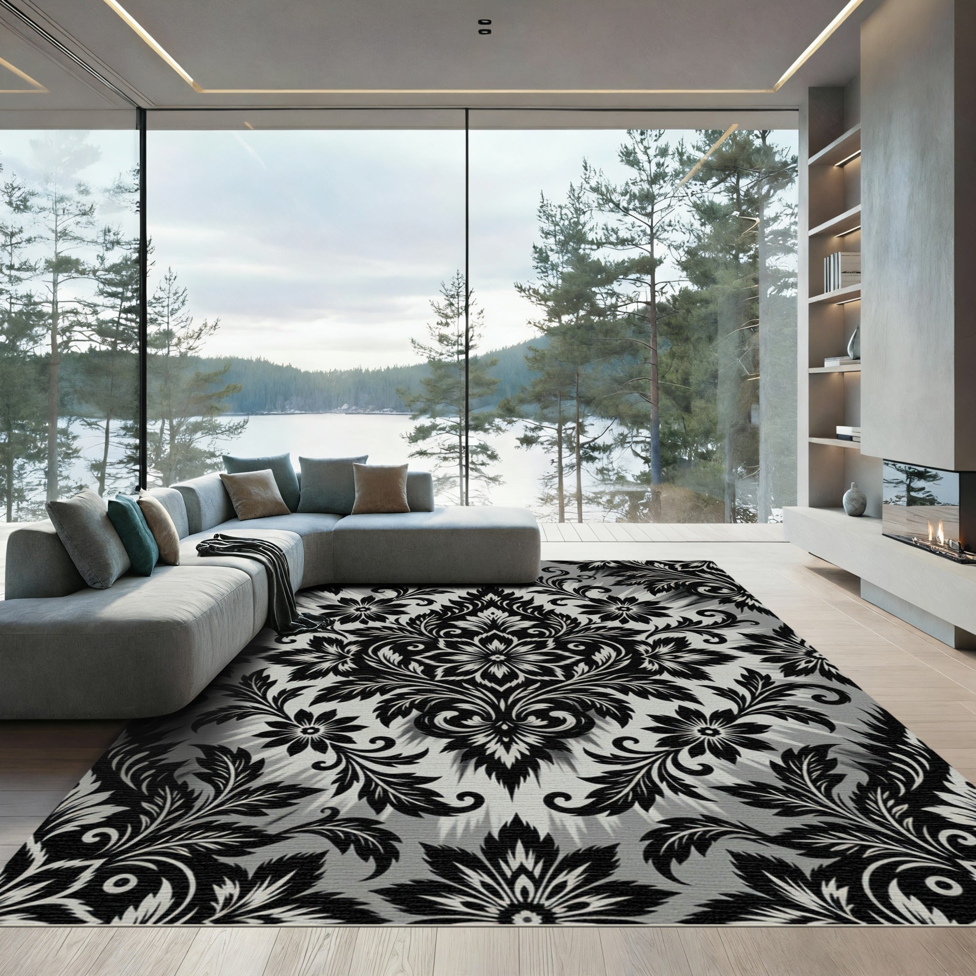 Black and White Floral Damask Swirls Rug