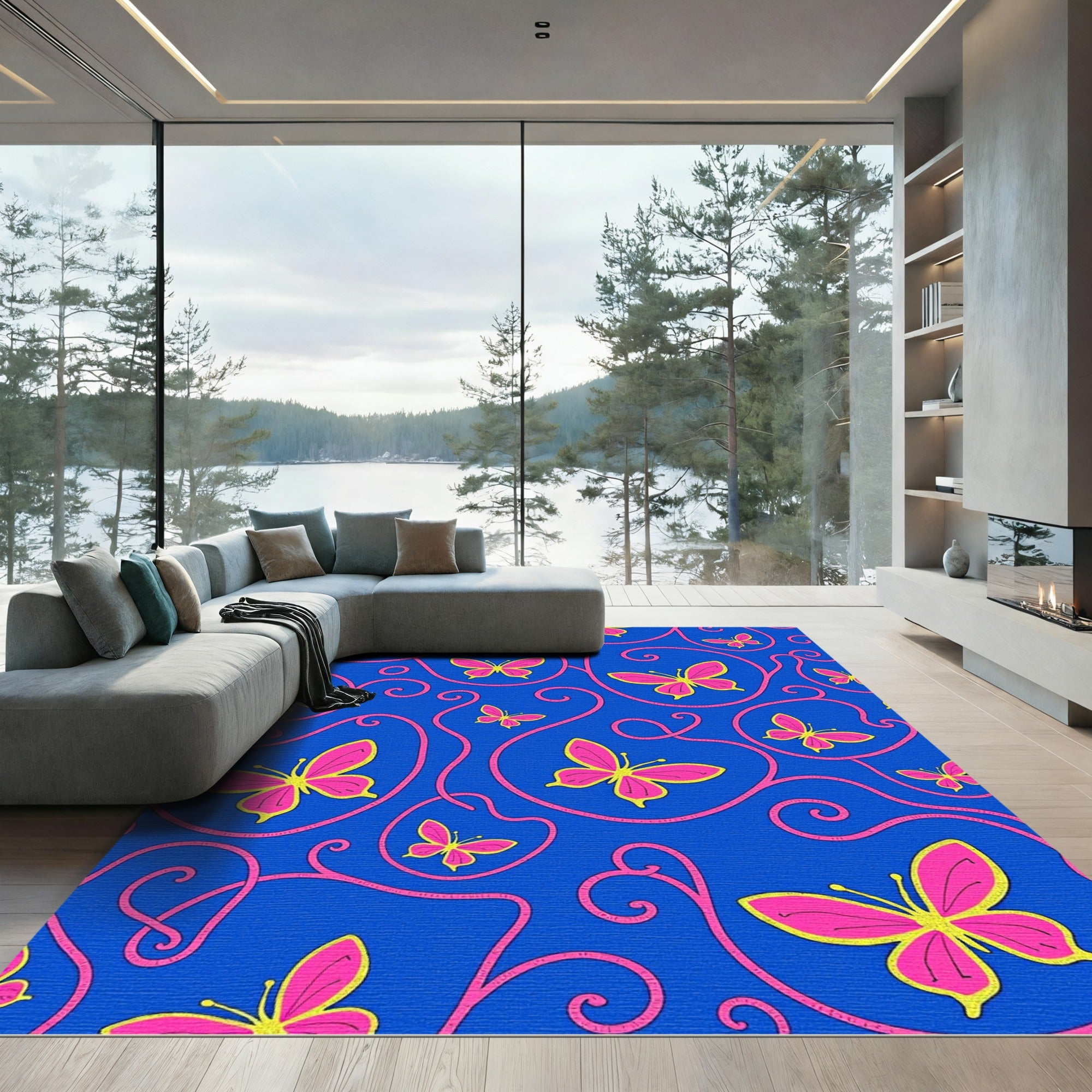 Vibrant Pink Butterfly Swirl Blue Rug