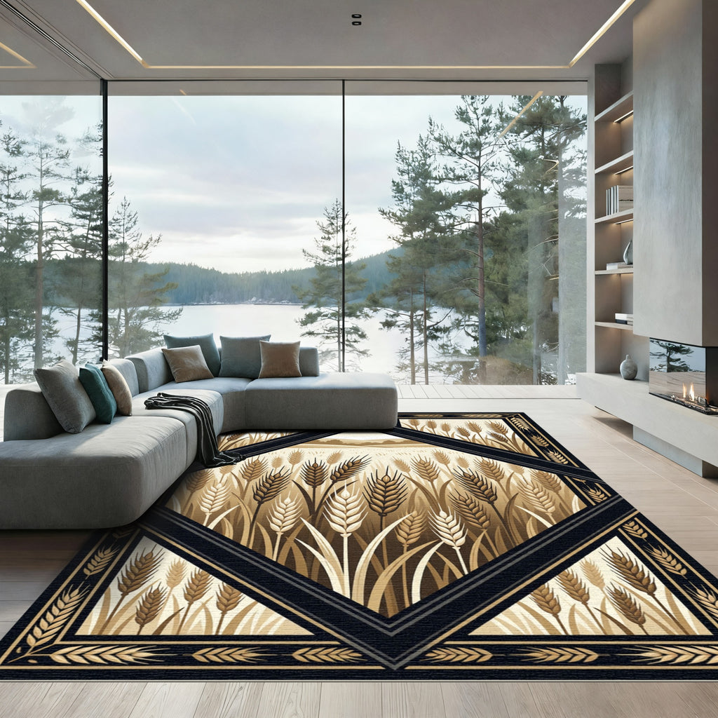 Earthy Wheat Field Diamond Border Rug
