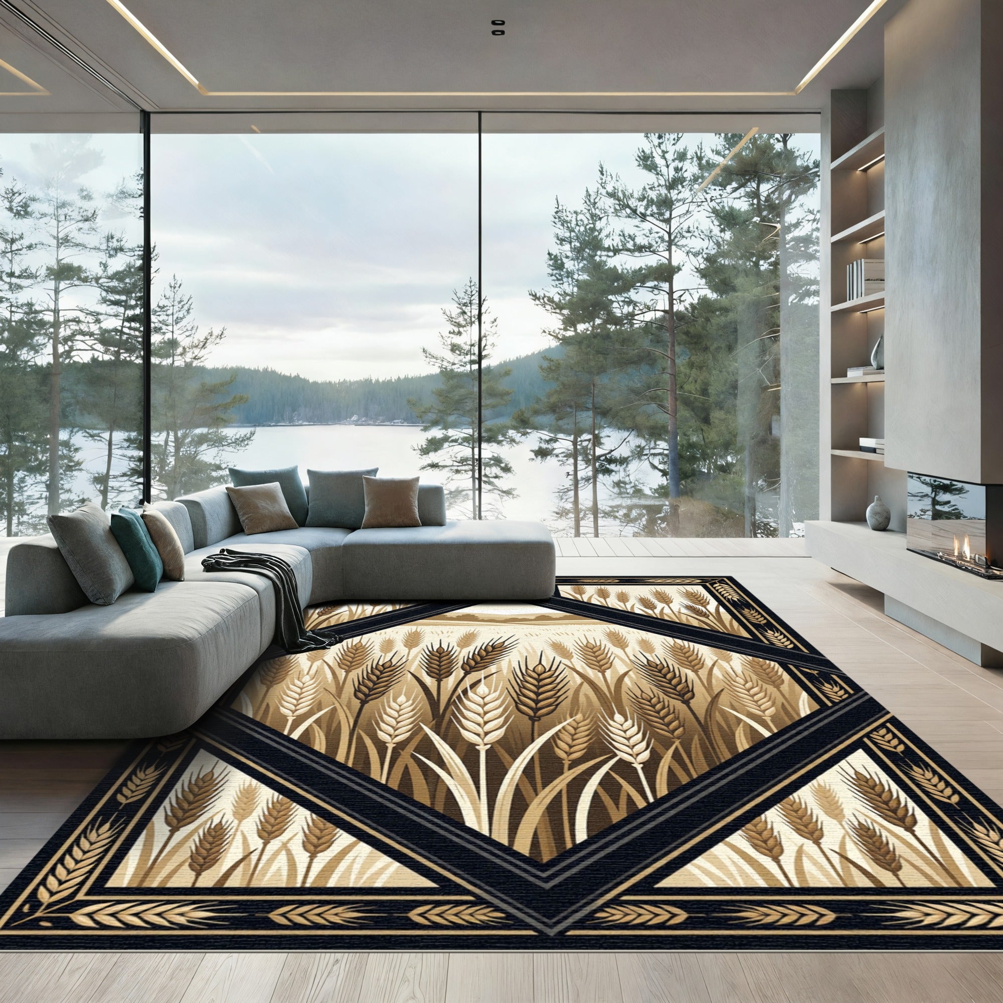 Earthy Wheat Field Diamond Border Rug