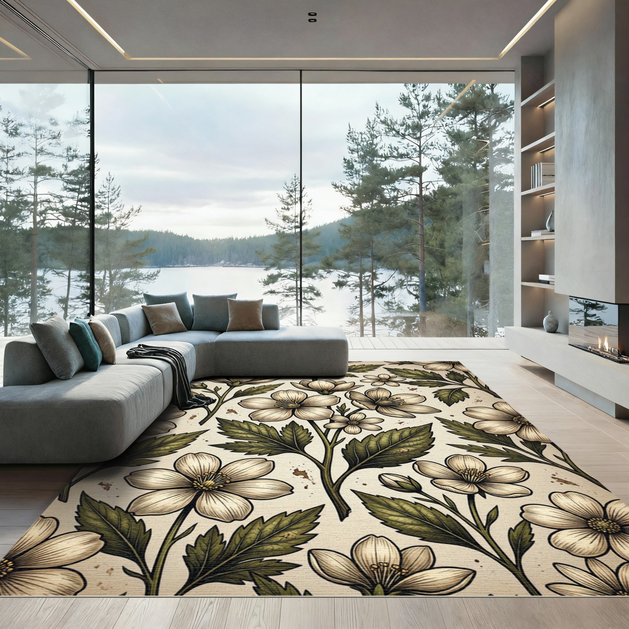 Vintage Cream Floral Botanical Illustration Rug