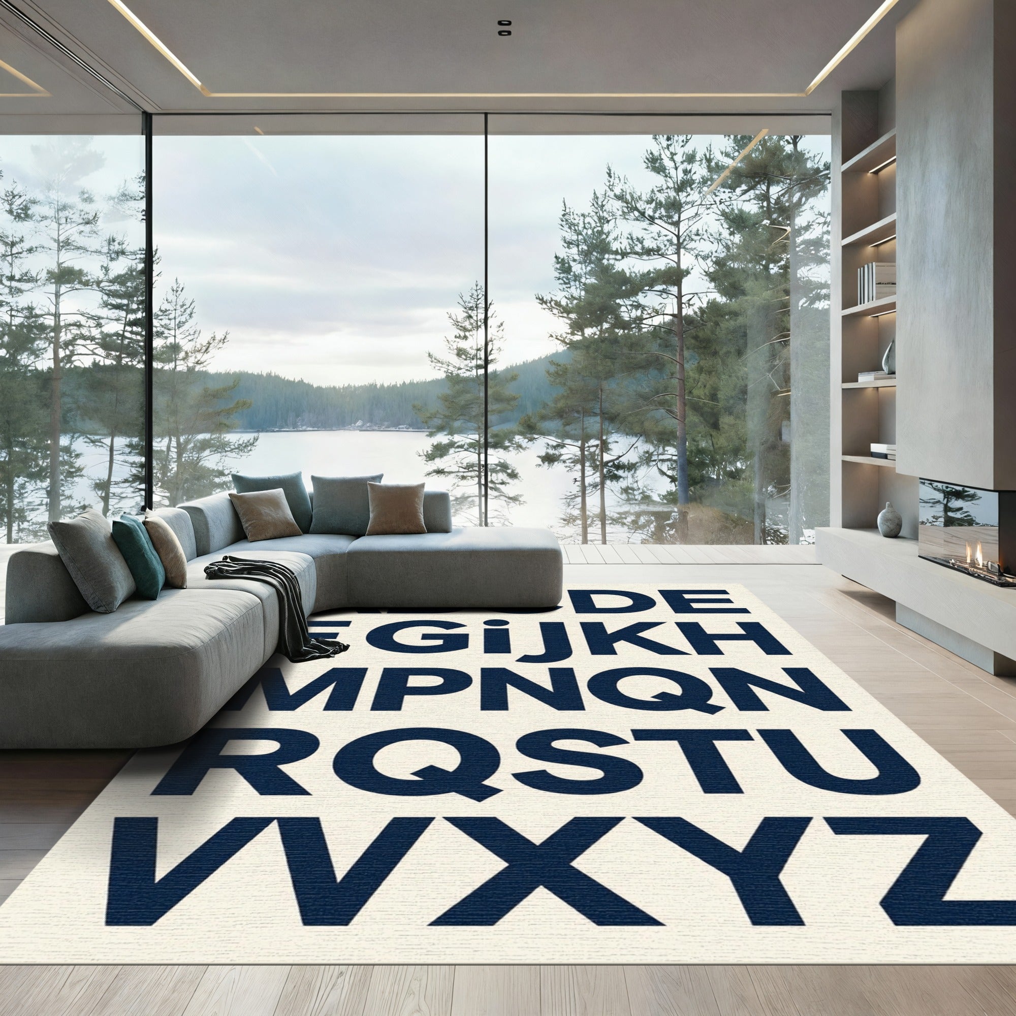 Modern Navy Blue Typographic Alphabet Rug