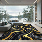 Luxury Black and Gold Swirling Marble Rug