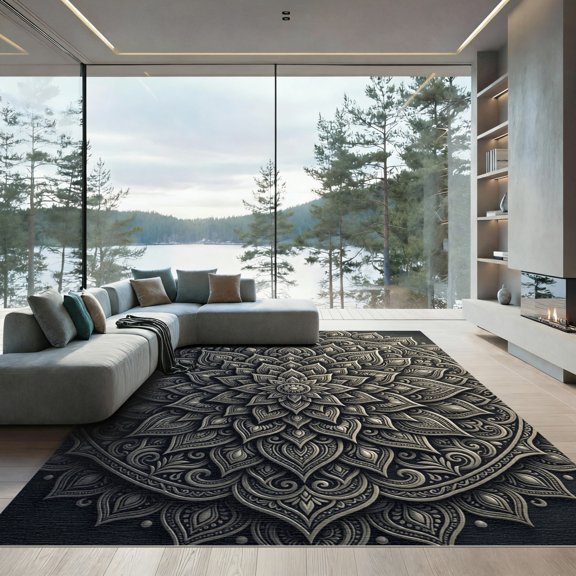 Intricate Metallic Circular Floral Mandala Rug