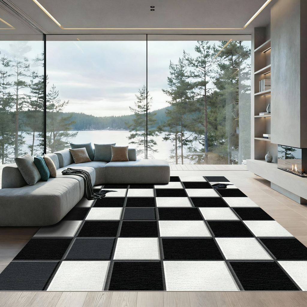 Black White Raven Chessboard Rug