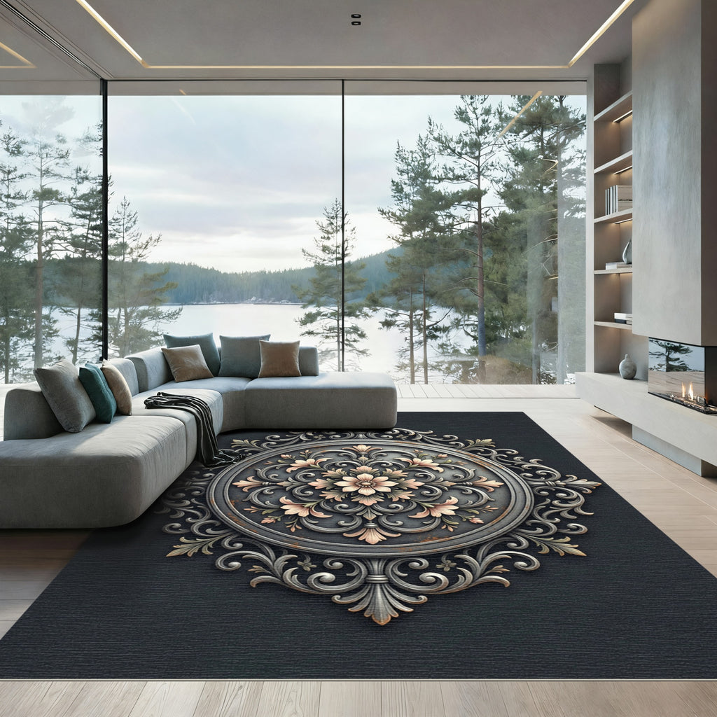 Ornate Metallic Silver Floral Medallion Rug