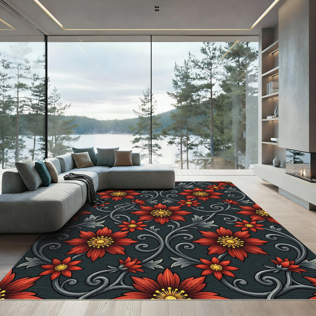 Victorian Crimson Floral Scrolling Vine Rug