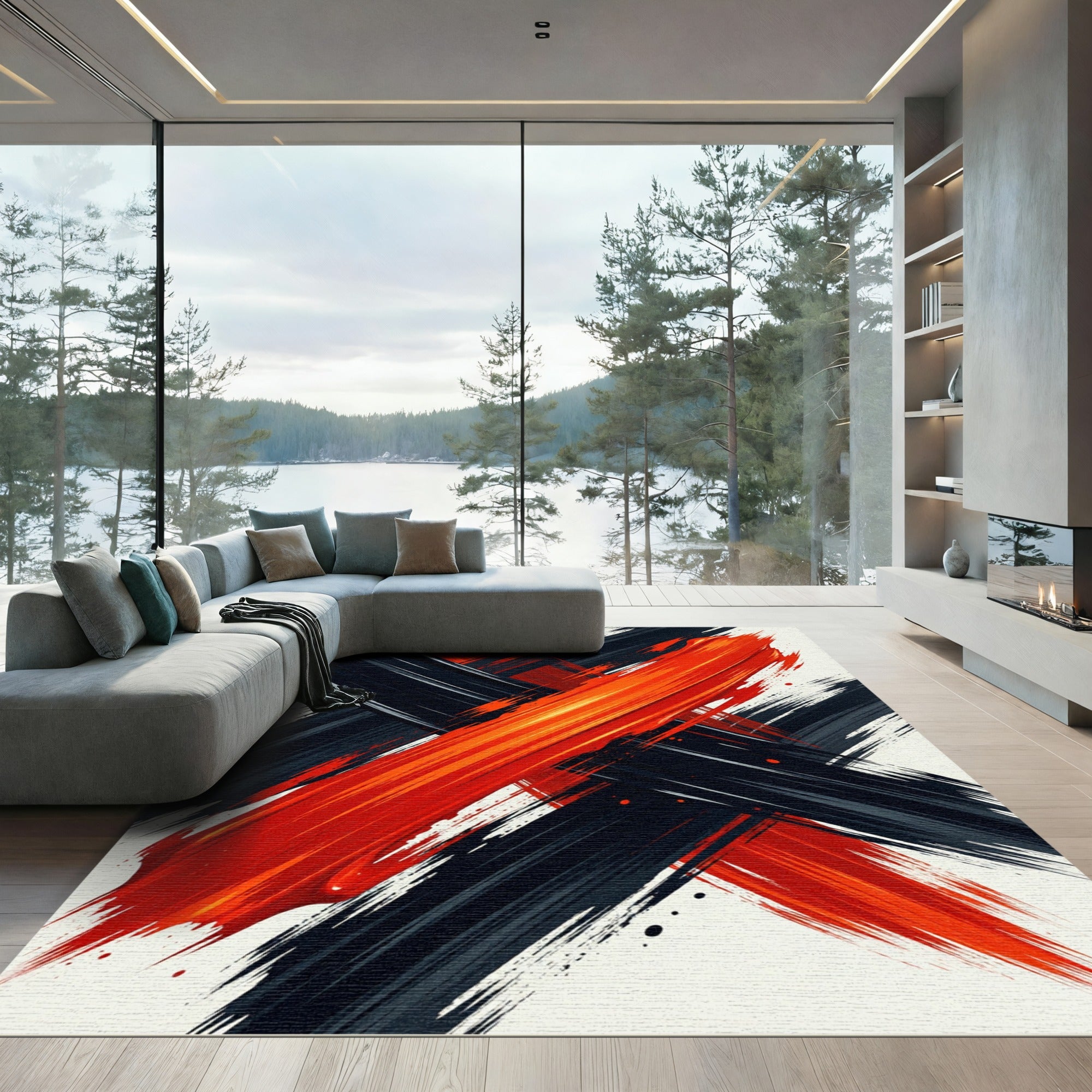 Bold Red and Black Abstract Stroke Rug