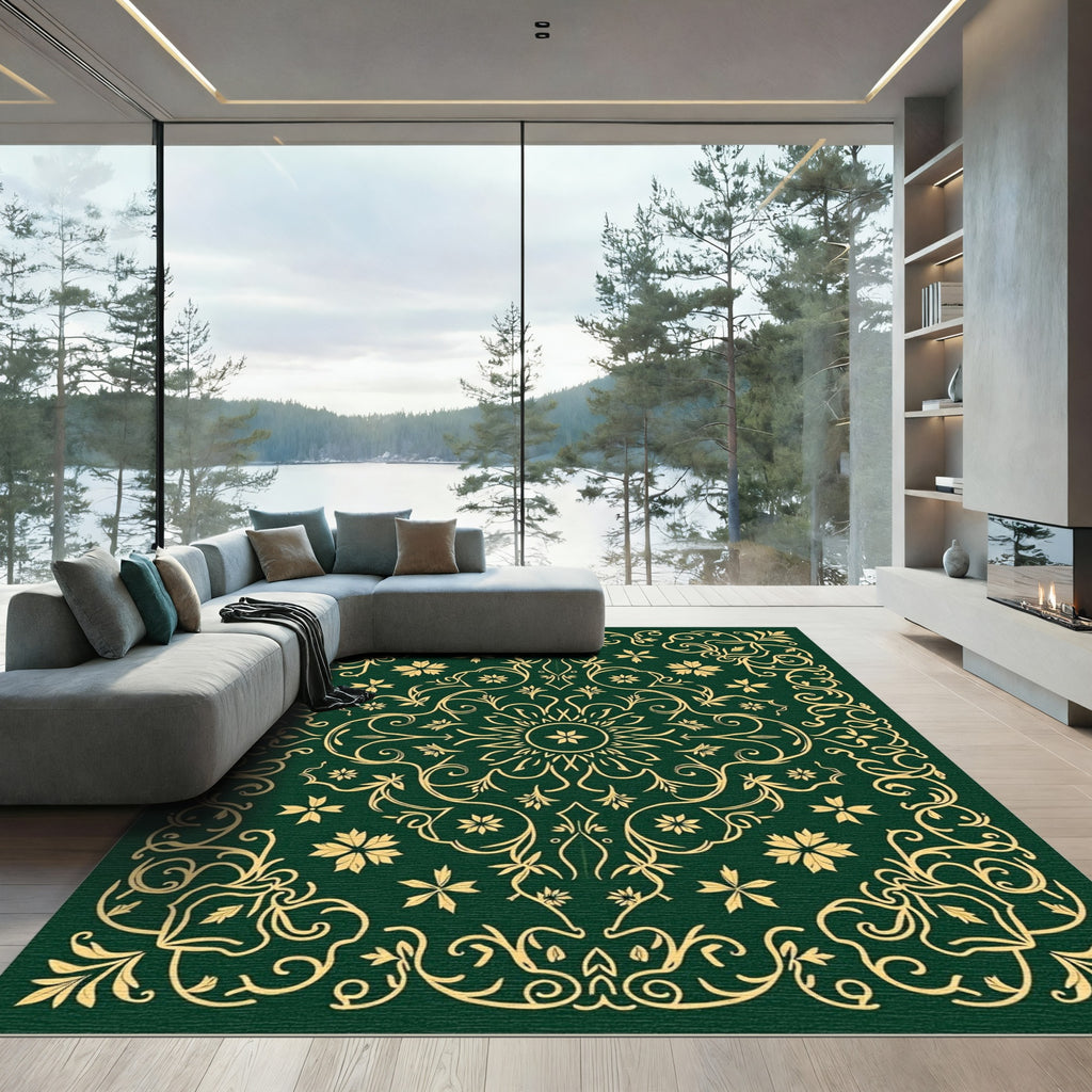 Elegant Gold Floral Vine Medallion Rug