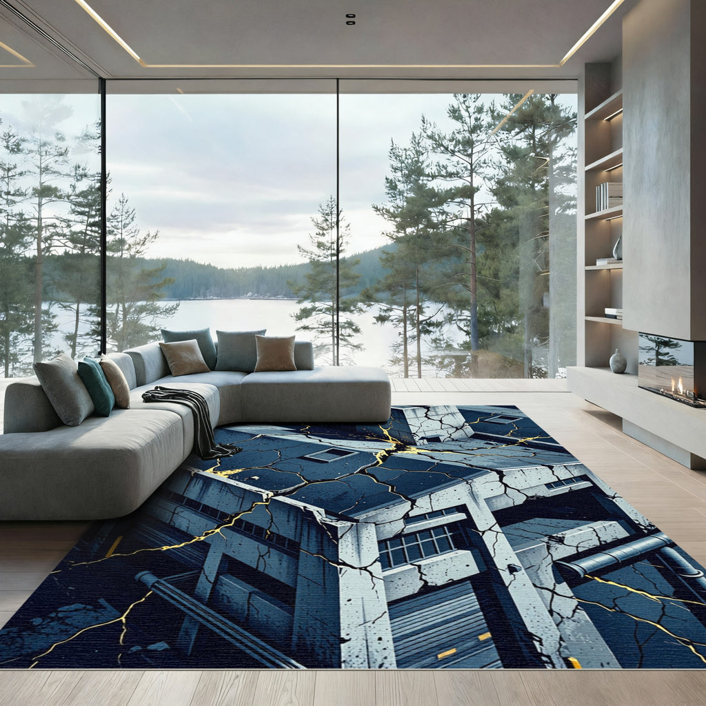 Urban Cracked Concrete Gold Veins Rug