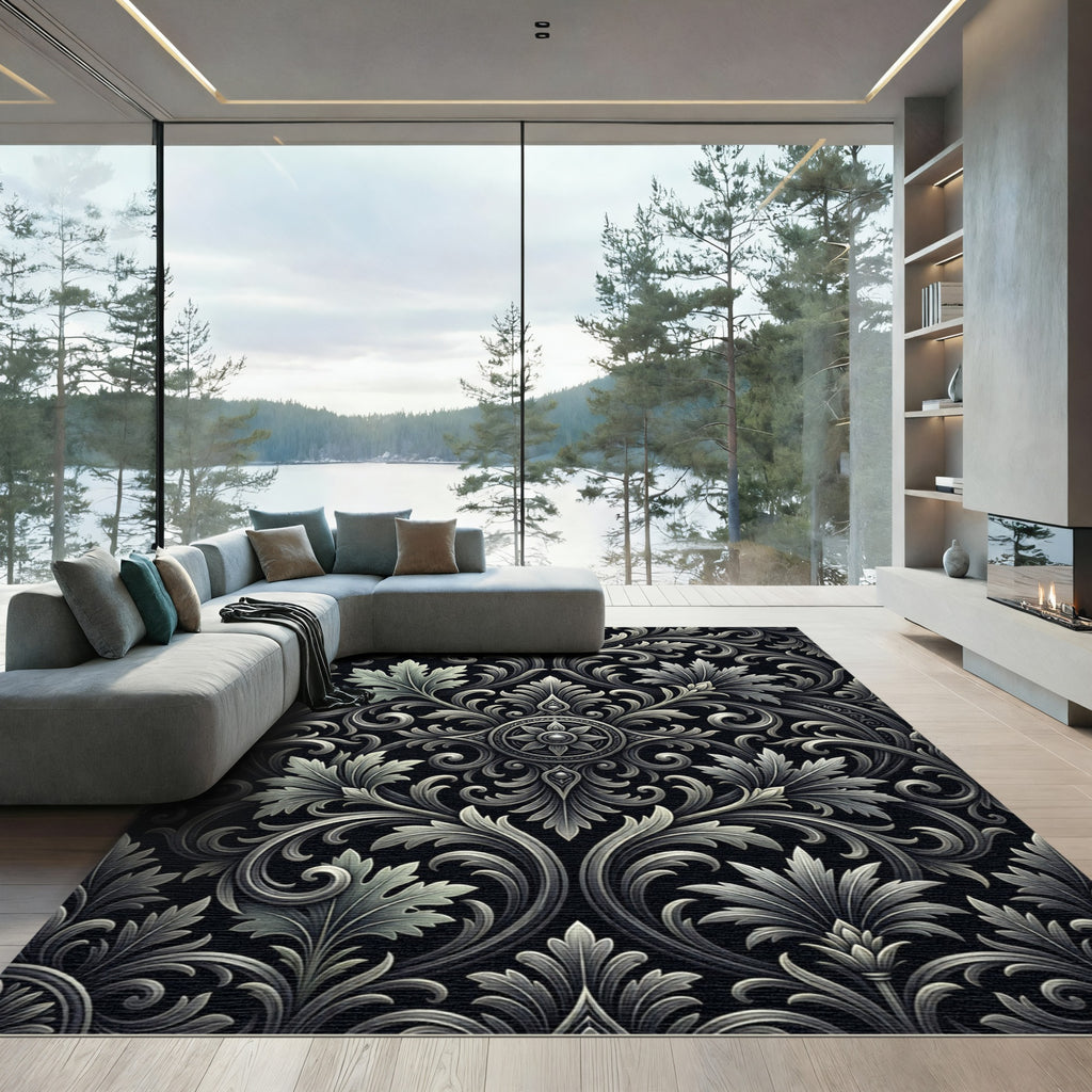 Ornate Silver Black Acanthus Scroll Rug
