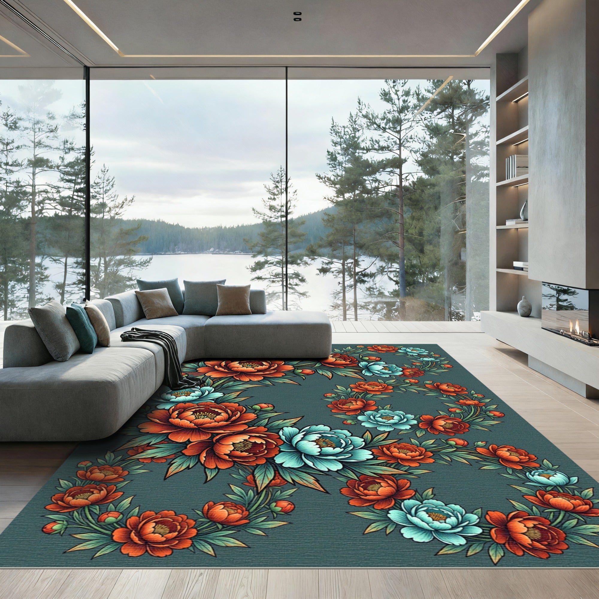Lush Teal Peony Botanical Wreath Rug