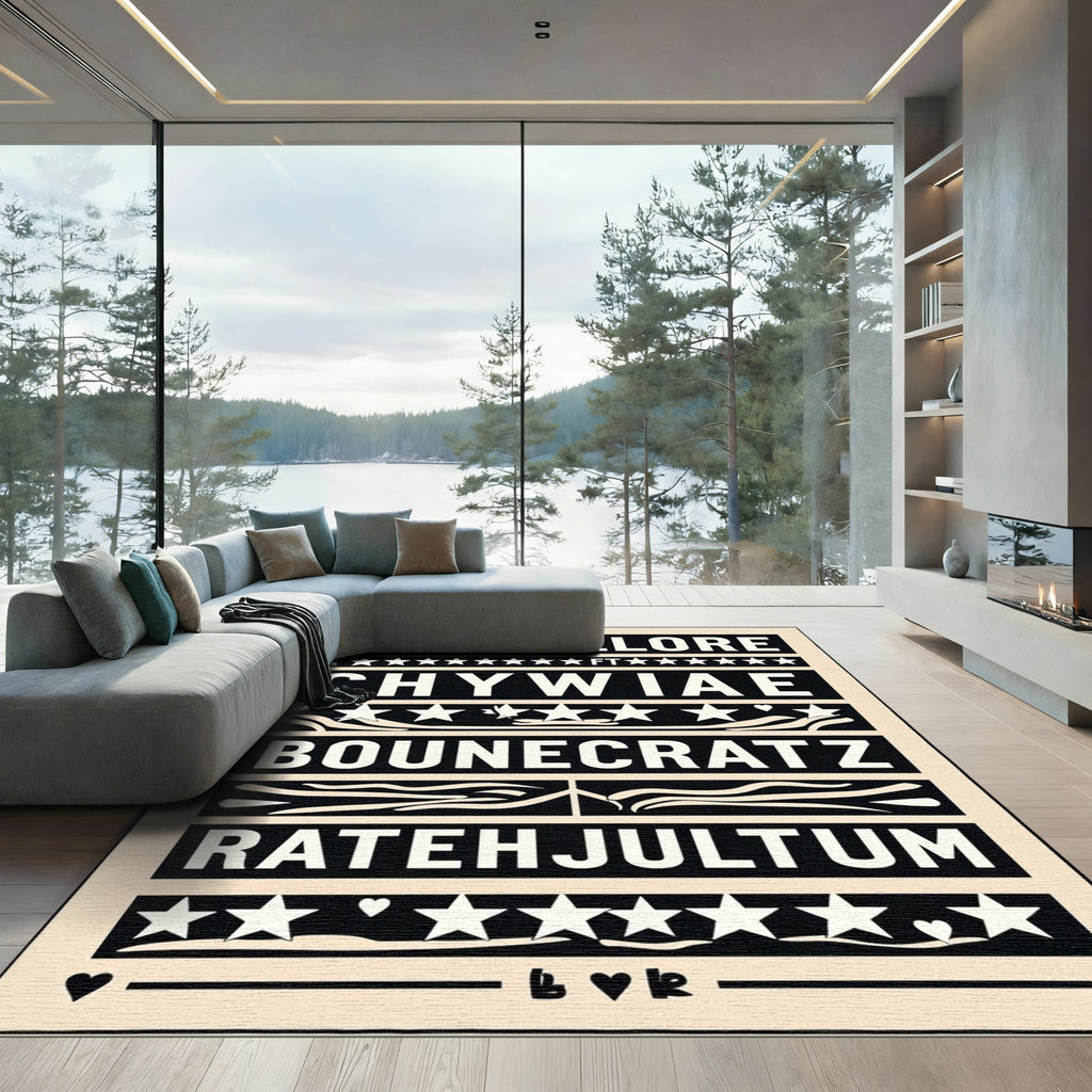 Black White Typography Star Border Rug