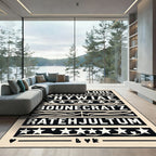 Black White Typography Star Border Rug