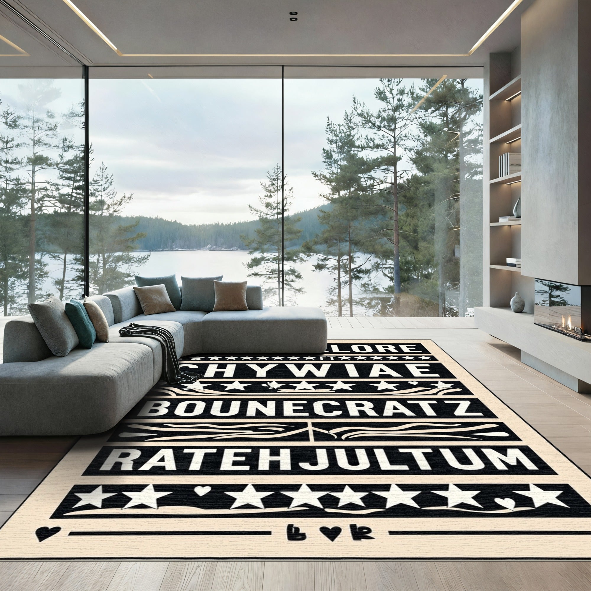 Black White Typography Star Border Rug