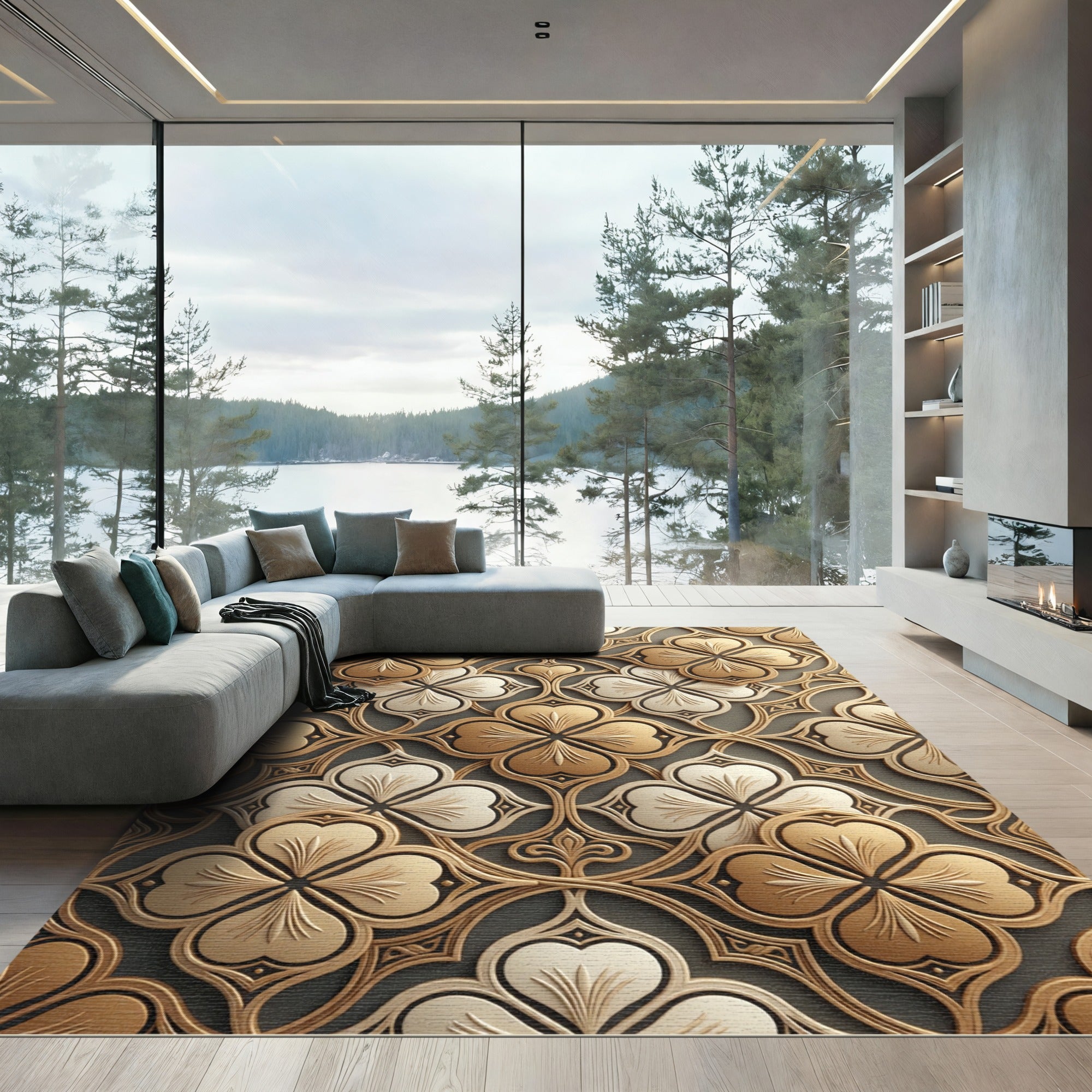 Gold Ivory Quatrefoil Arabesque Rug
