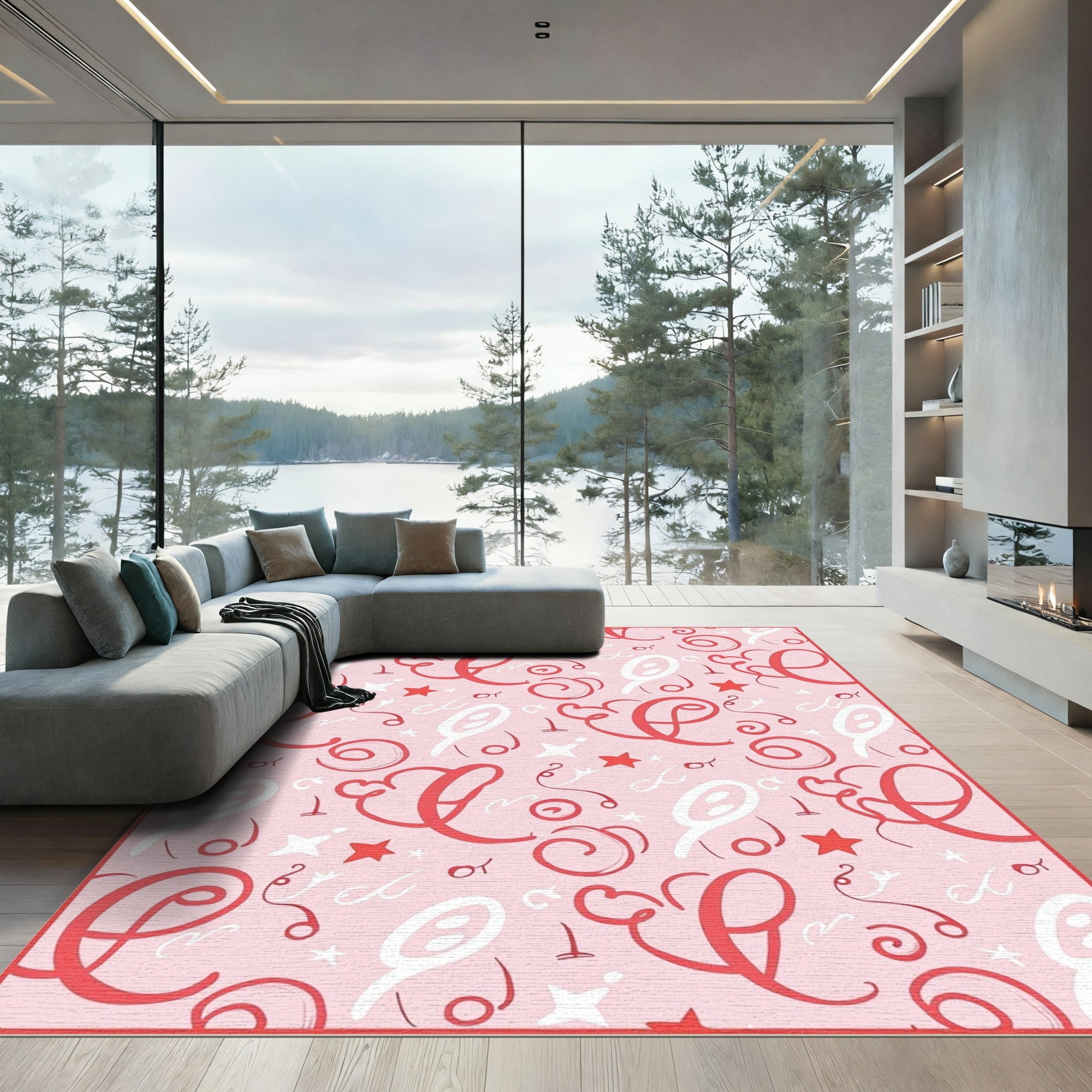 Whimsical Pink Alphabet Swirls Star Rug
