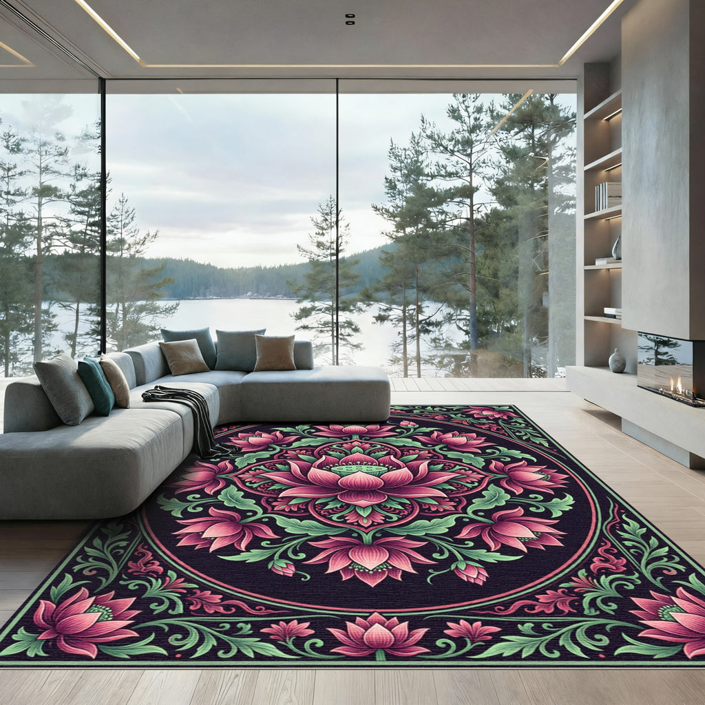 Elegant Pink Lotus Floral Medallion Rug