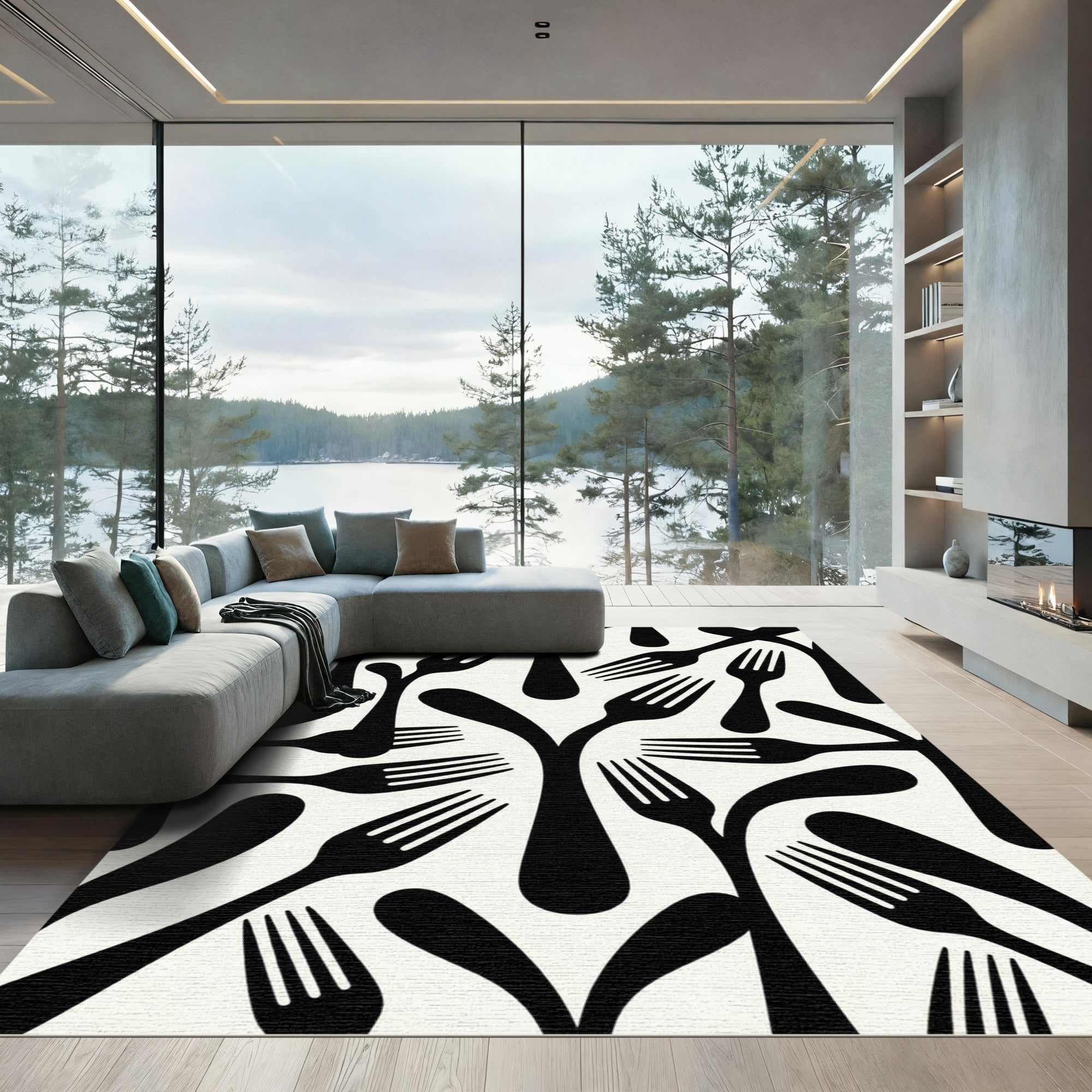 Black Abstract Fork Composition Rug