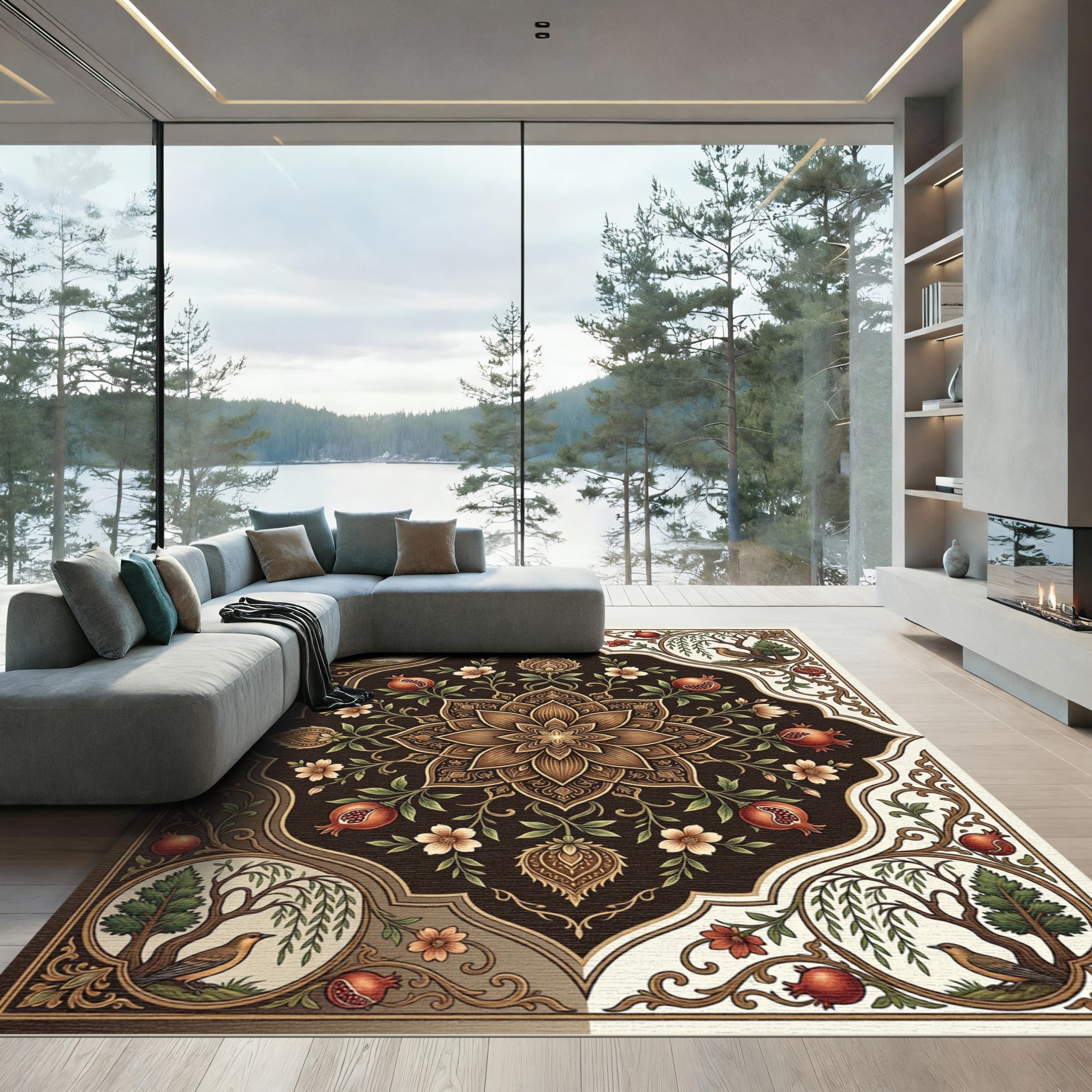 Dark Chocolate Floral Pomegranate Medallion Rug