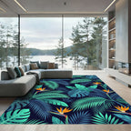 Lush Tropical Green Palm Leaf Bird of Paradise Rug