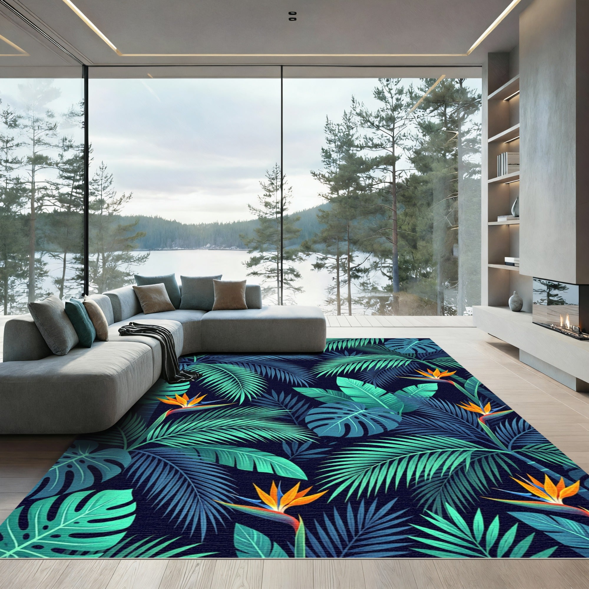 Lush Tropical Green Palm Leaf Bird of Paradise Rug
