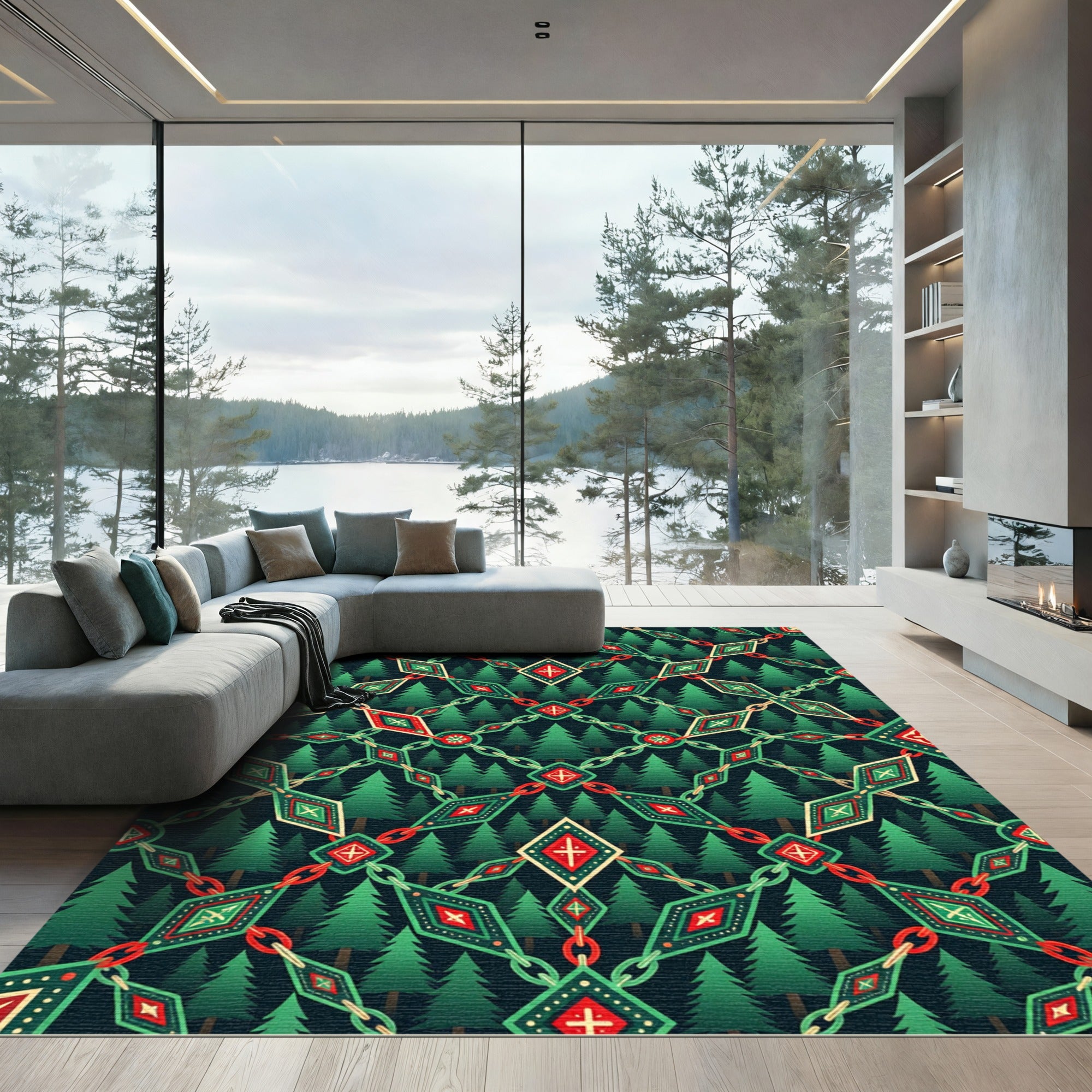 Forest Geometric Diamond Linked Chain Crest Rug