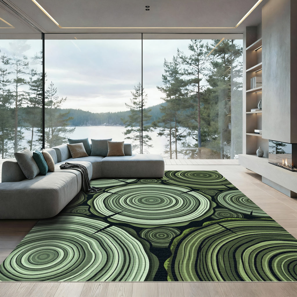 Sage Green Concentric Rings Wood Slices Rug