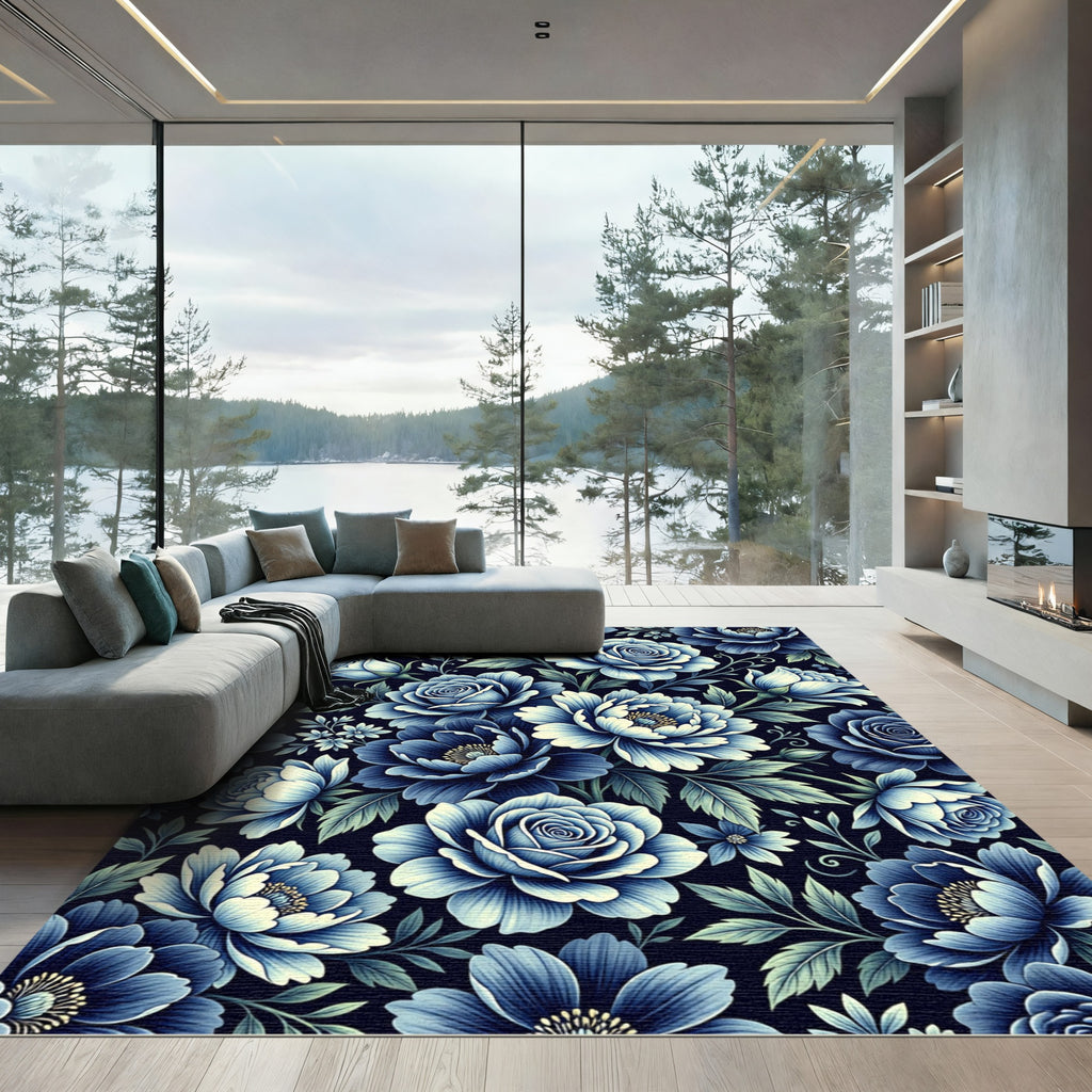 Classic Blue Floral Garden Arrangement Rug