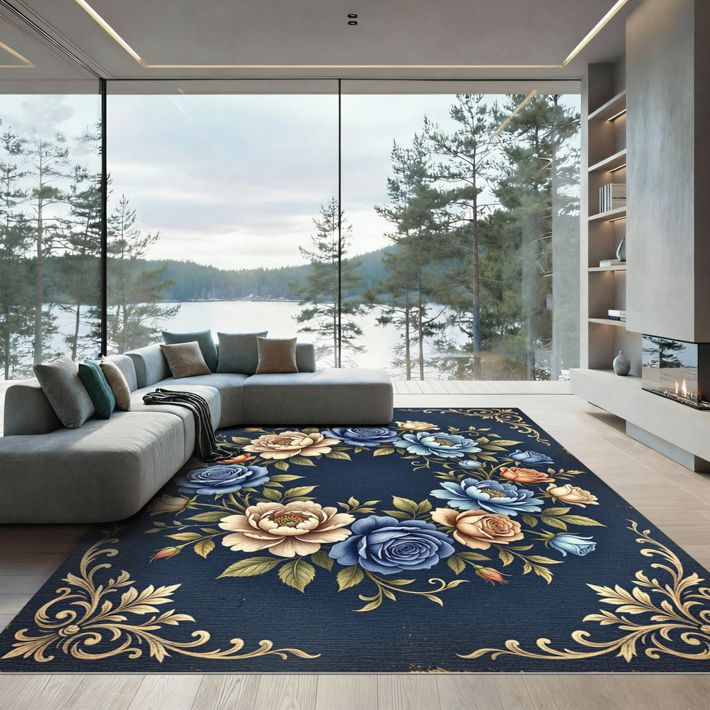Vintage Blue Cream Floral Garland Rug