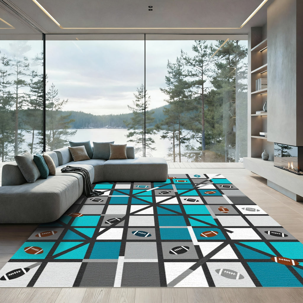Geometric Teal and Gray Football Rug
