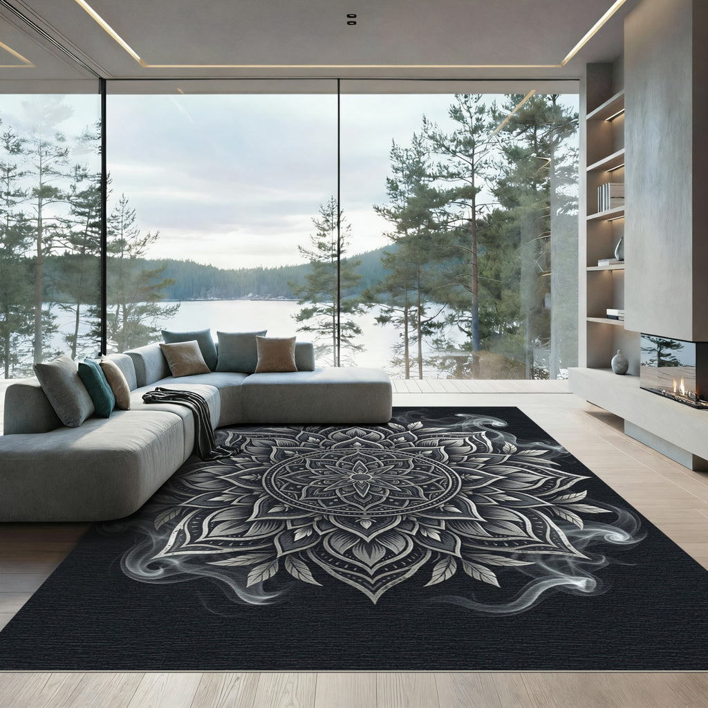 Ethereal Monochrome Smoke Mandala Infinity Rug