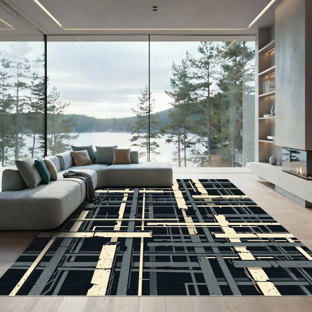 Abstract Brutalist Concrete Grid Black Cream Rug
