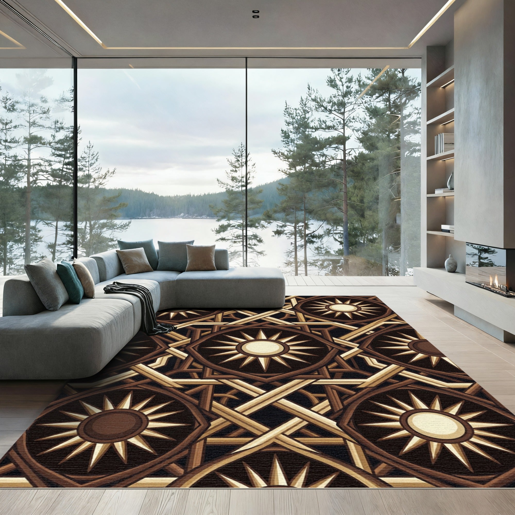 Rich Brown Sunburst Geometric Interlace Rug