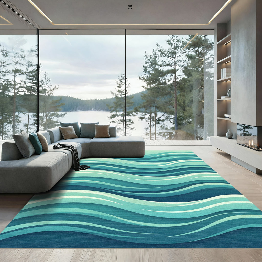 Modern Aqua Blue Abstract Ocean Waves Rug