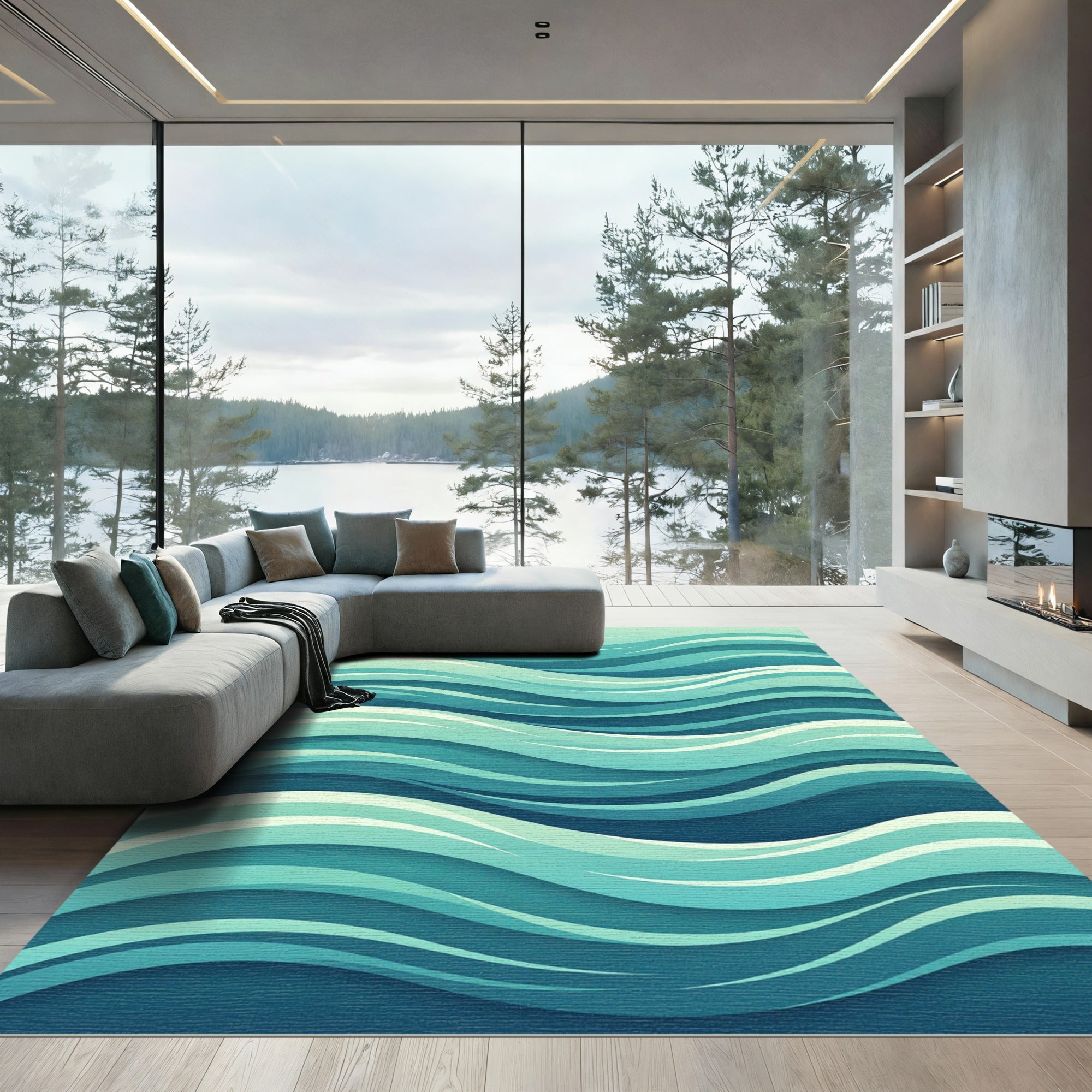 Modern Aqua Blue Abstract Ocean Waves Rug