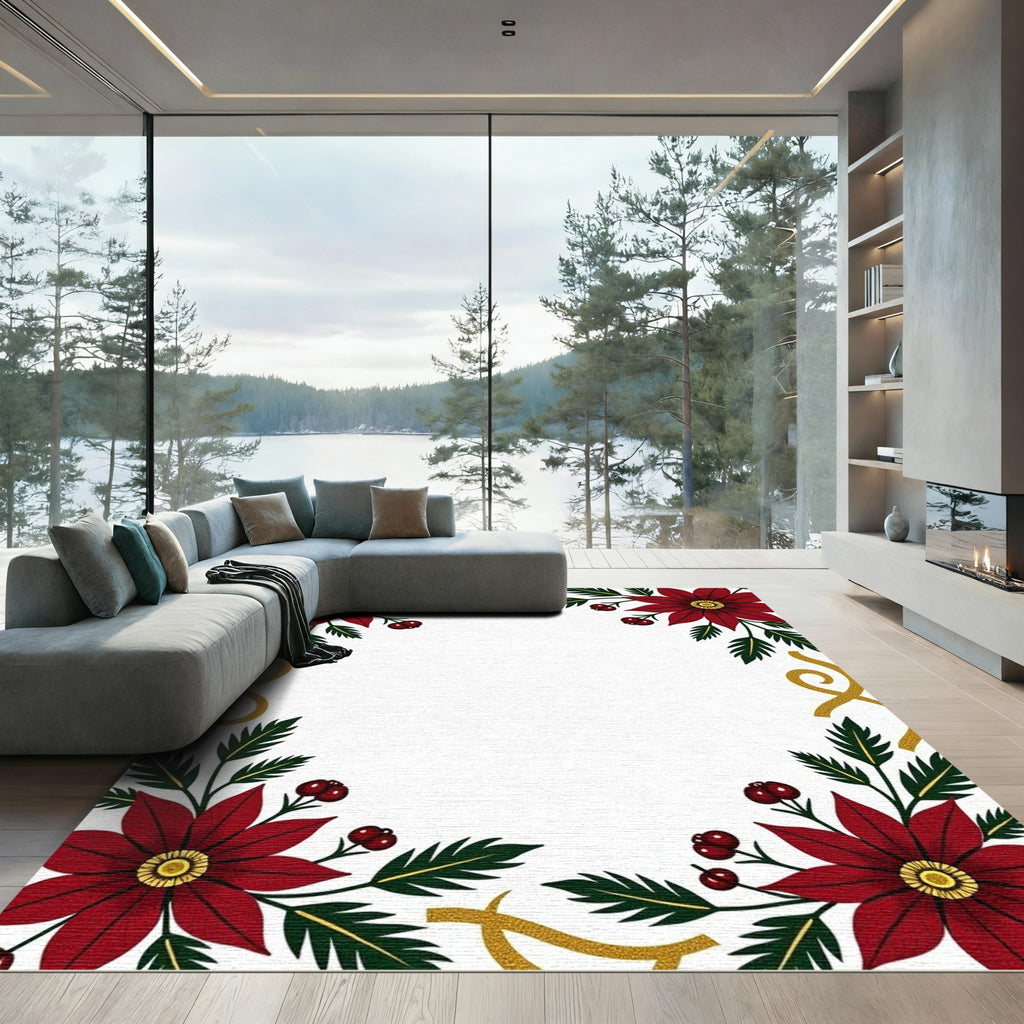 Deep Red Poinsettia Glitter Swirl Rug