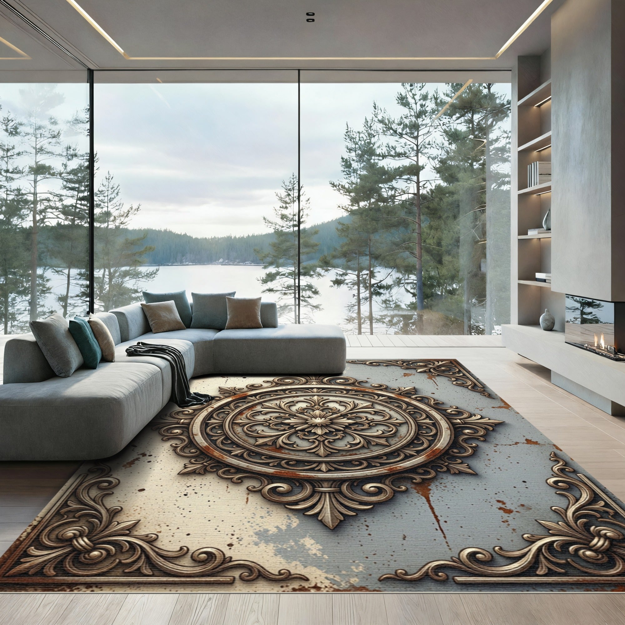 Ornate Bronze Filigree Medallion Distressed Backdrop Rug