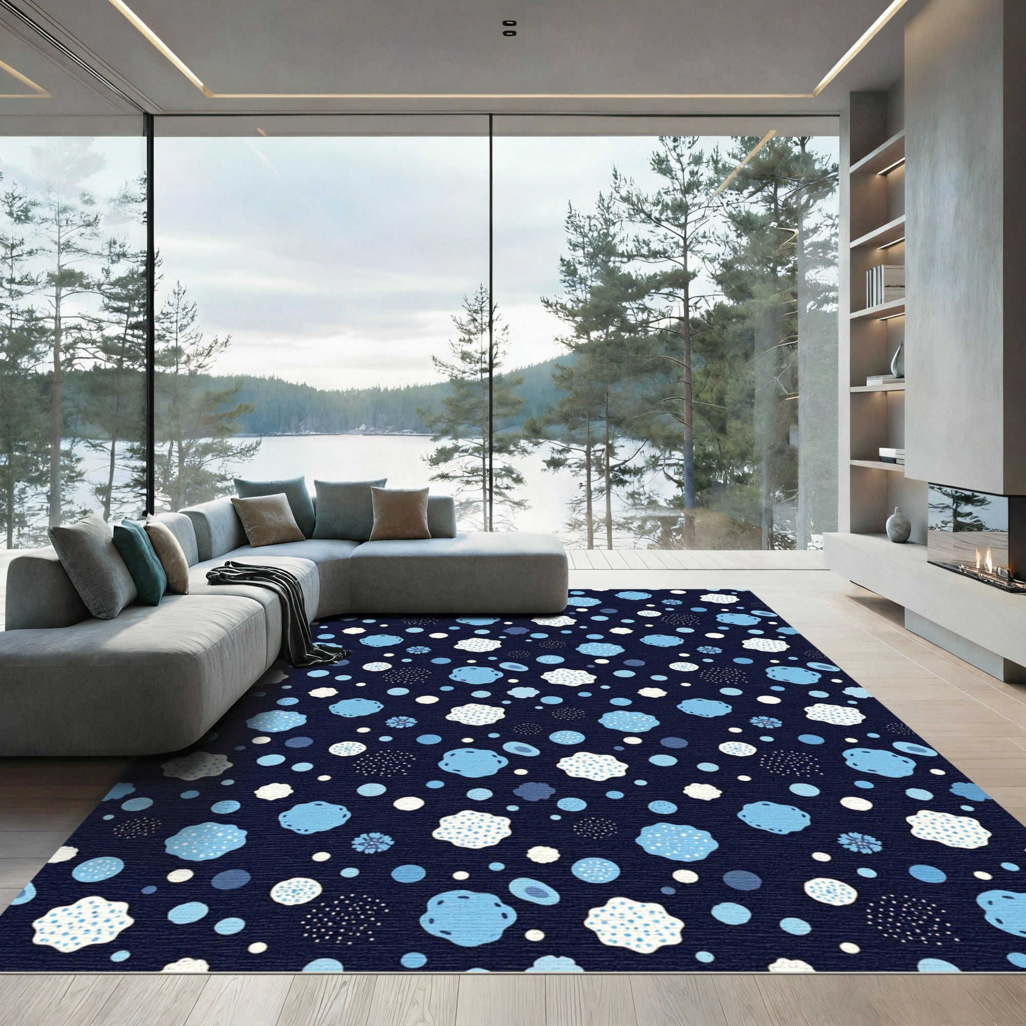 Navy Blue Abstract Floral Dot Rug