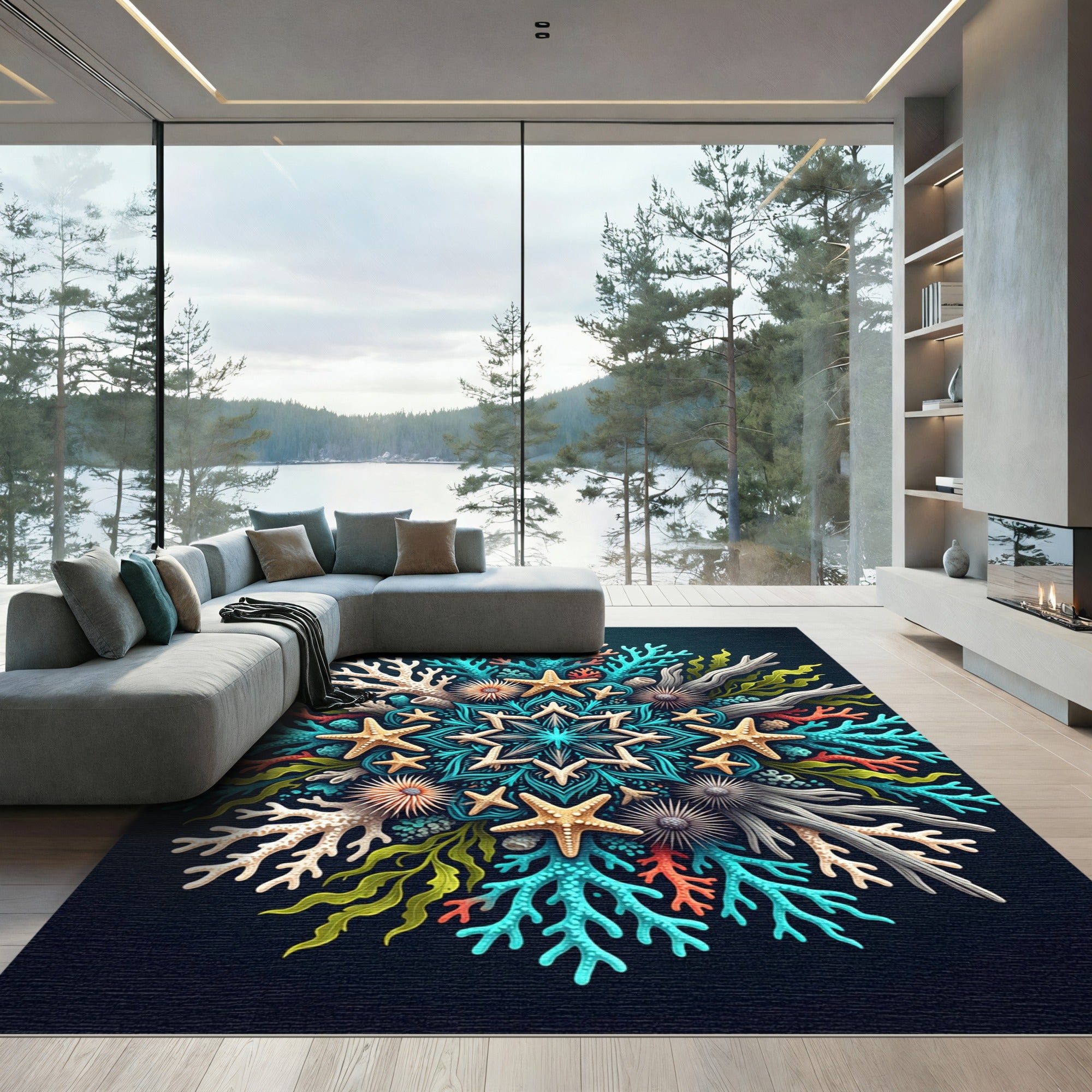 Vibrant Coastal Coral Starfish Mandala Rug