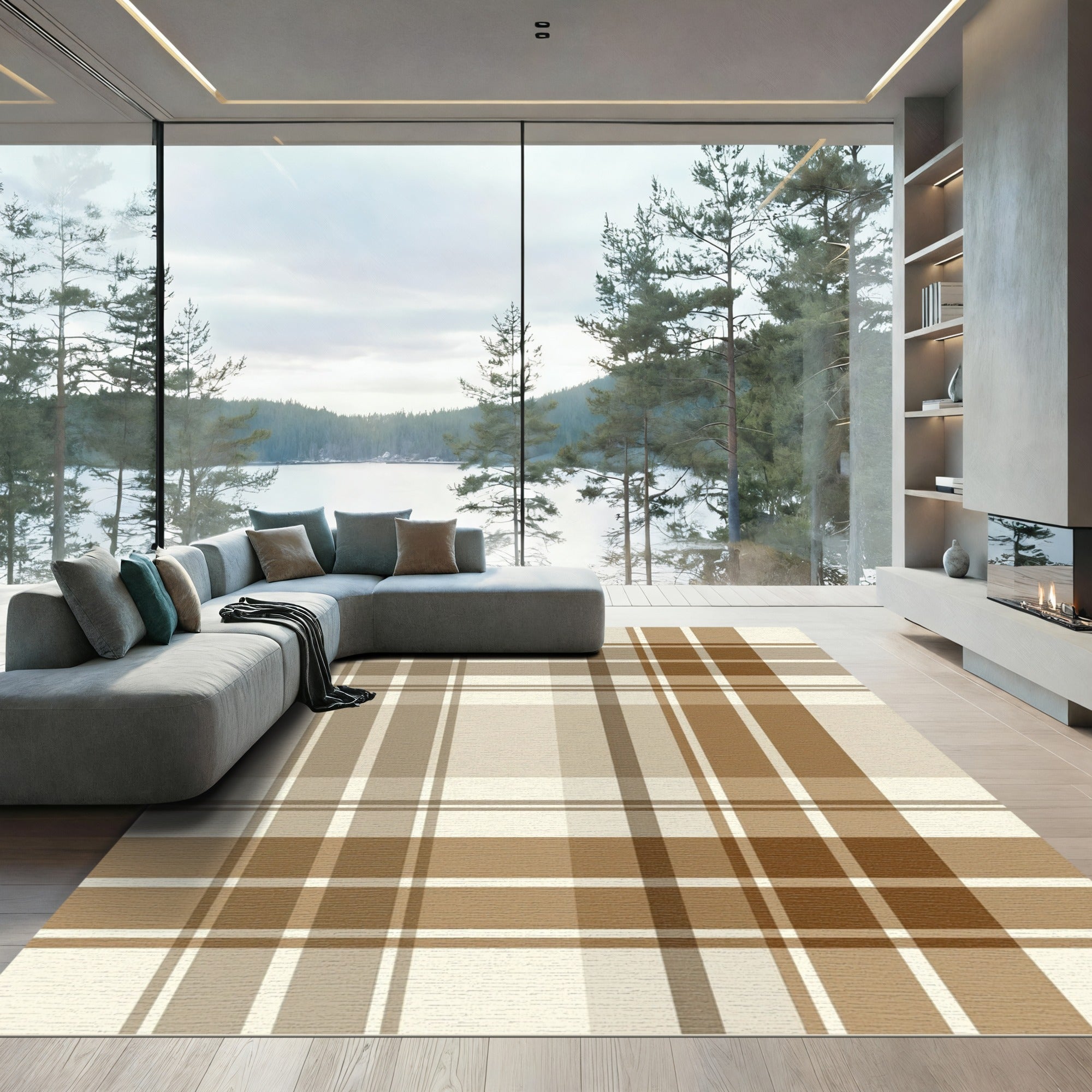 Classic Earthy Beige Plaid Check Rug
