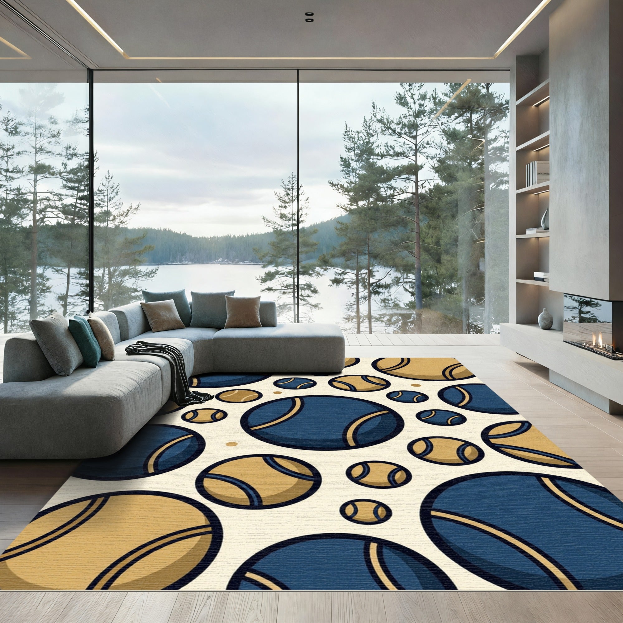 Navy and Gold Circular Sport Ball Rug