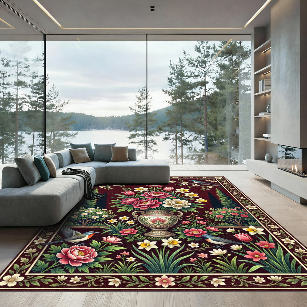 Crimson Peony Floral Garden Bird Art Rug