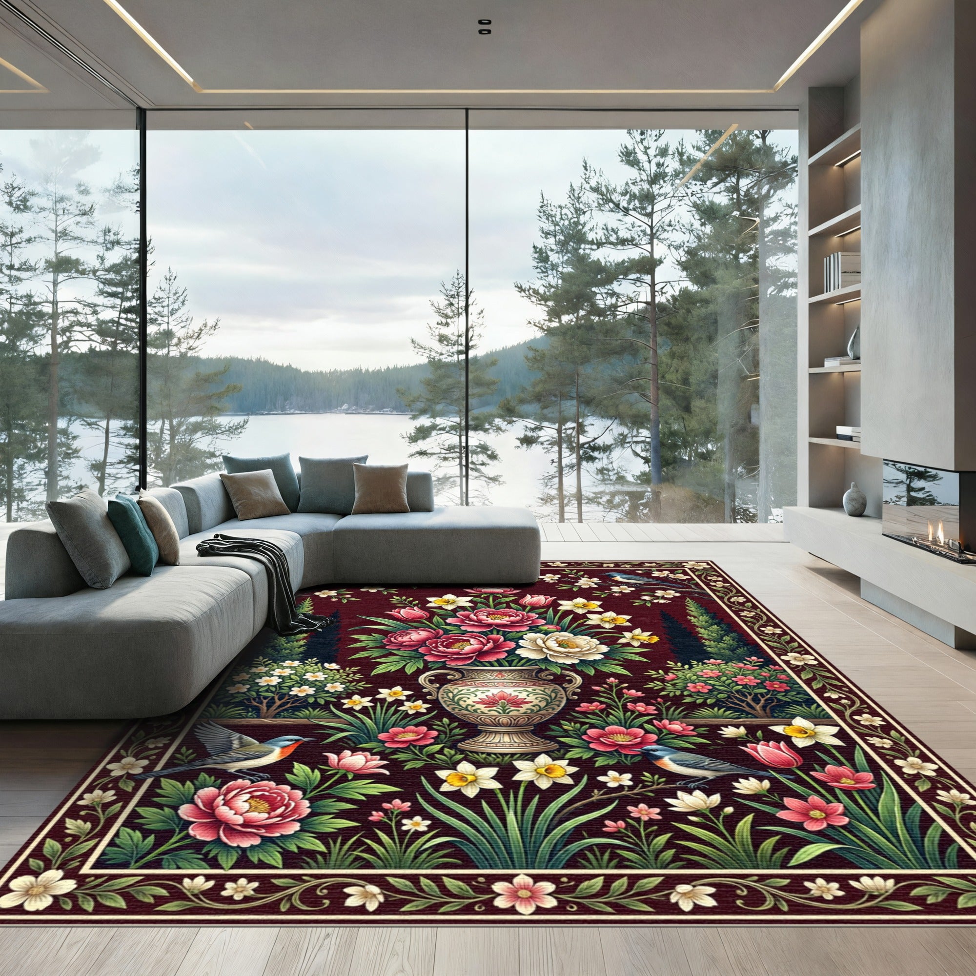 Crimson Peony Floral Garden Bird Art Rug