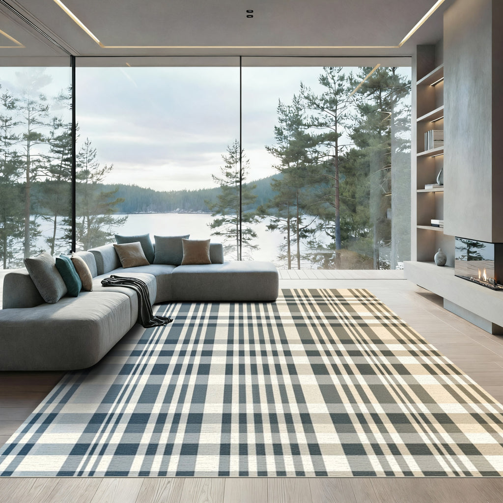 Modern Blue and Beige Plaid Crosshatch Rug