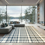 Modern Blue and Beige Plaid Crosshatch Rug