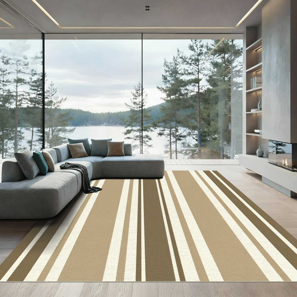 Modern Taupe and Cream Vertical Stripe Rug