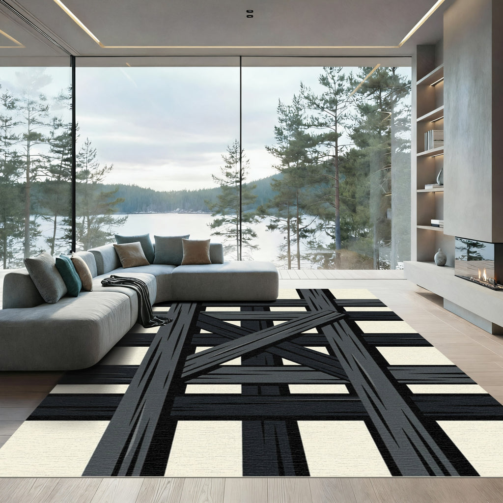 Dark Gray Wooden Cross Hatch Rug