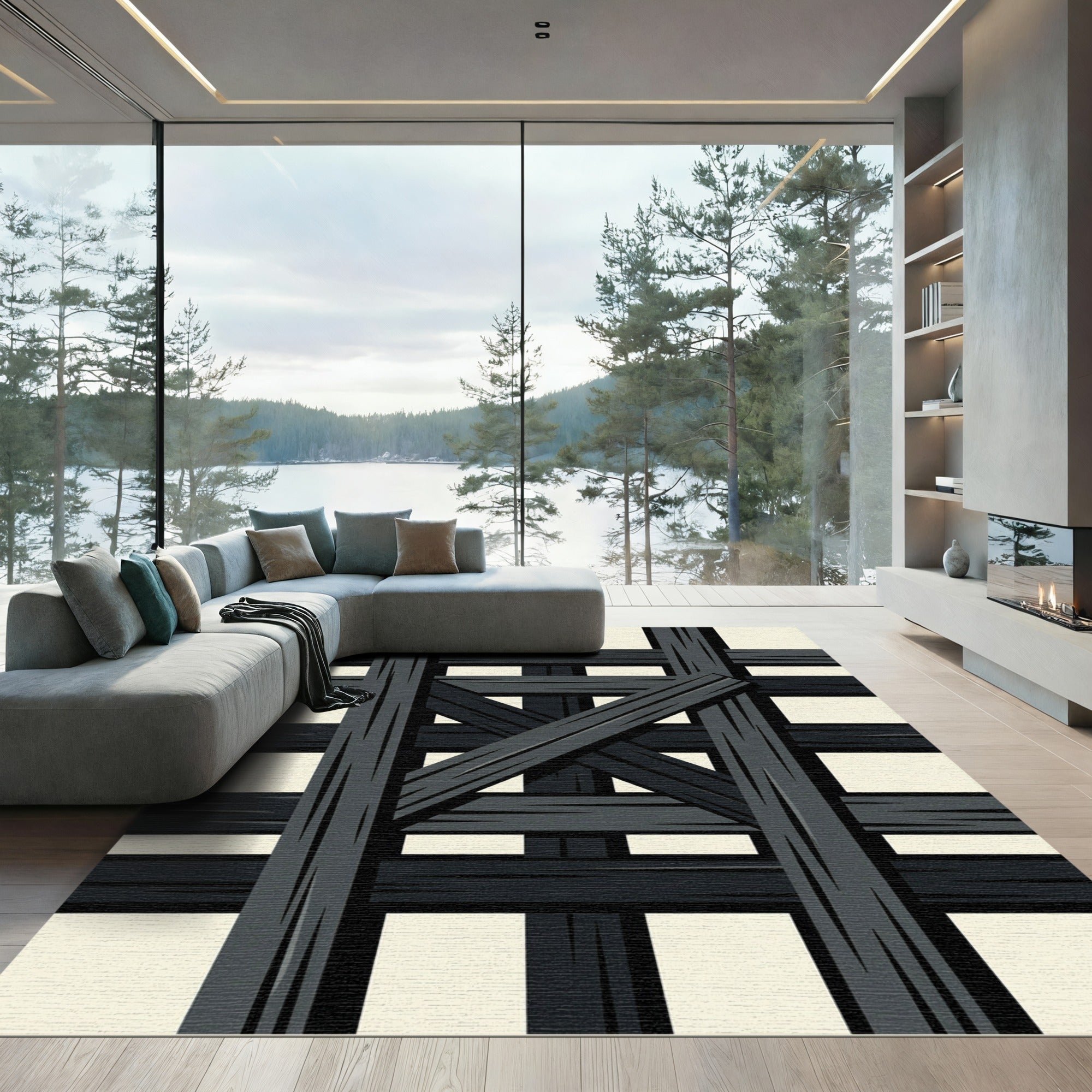 Dark Gray Wooden Cross Hatch Rug